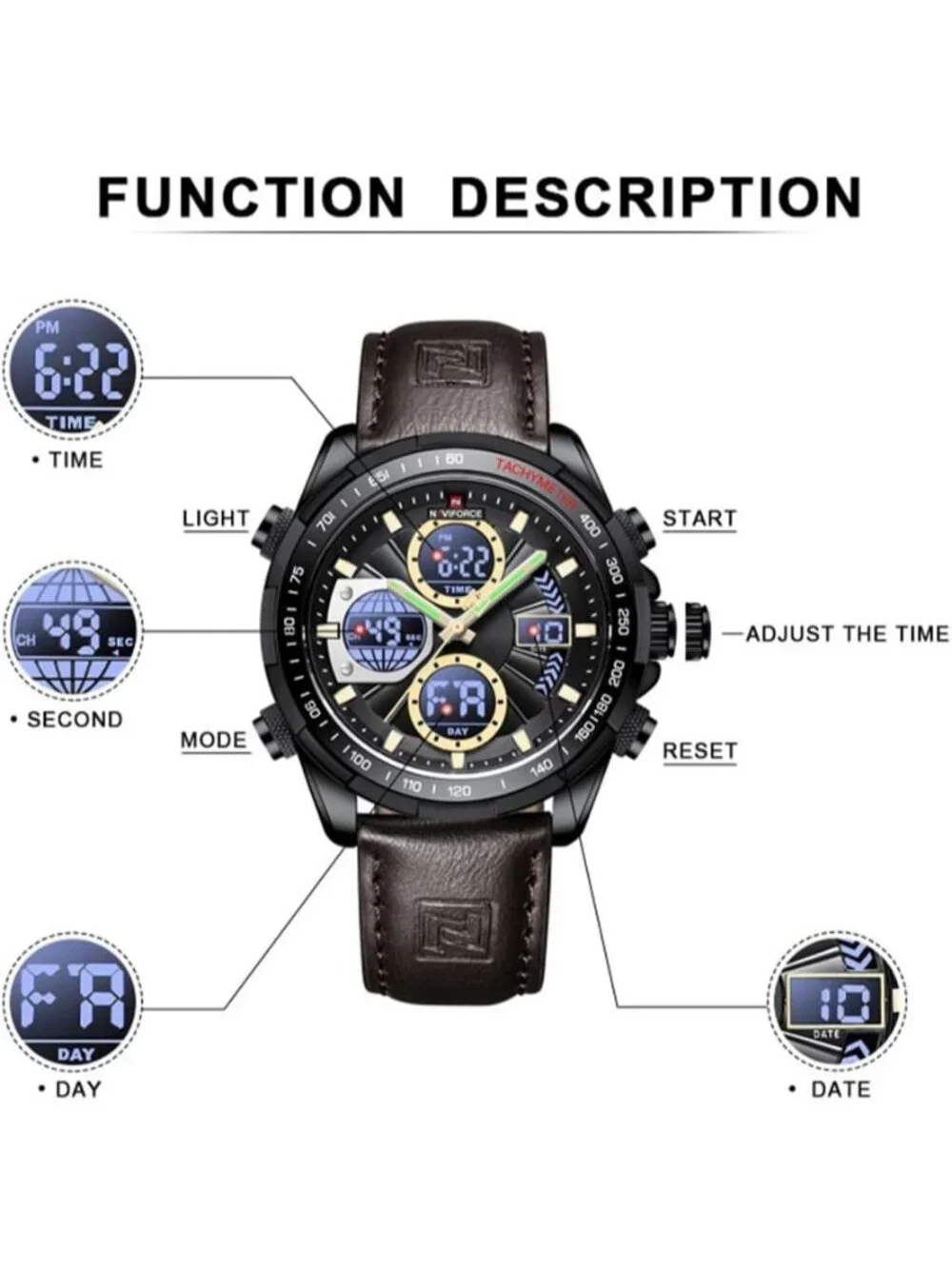 Men's Brown Military Digital Analog Quartz Waterproof Leather Wrist Watch